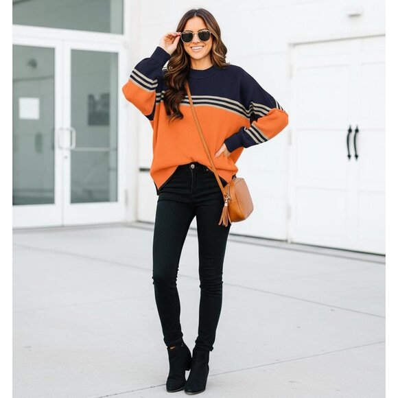 Women's Pumpkin Batwing Long Sleeve Crew Neck Striped Oversized Pullover Sweater - Picture 5 of 5